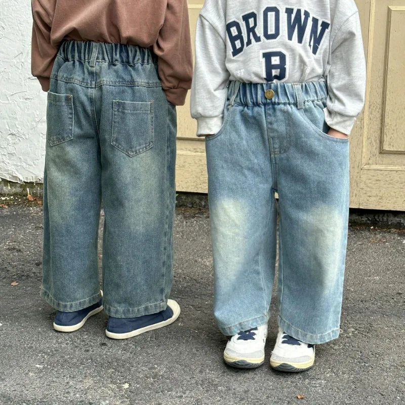 Children Wide Leg Jeans Spring Autumn Boy and Girl Elastic Waist Straight Leg Denim Pants Kids Casual Versatile Trousers A40056
