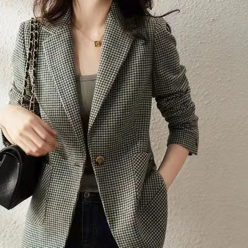 Green Jacket Coats for Women Skinny Plaid Outerwears Korean Fall Clothes  Simple Cheap Stylish in Promotion Check Blazer Woman
