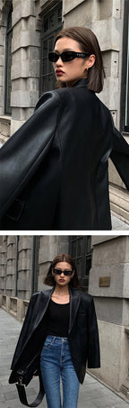 Women Black Brown Soft PU Leather Blazer Shoulder Pads Long Sleeve Single Breasted Loose Casual Jacket Tops Korean Fashion Coat