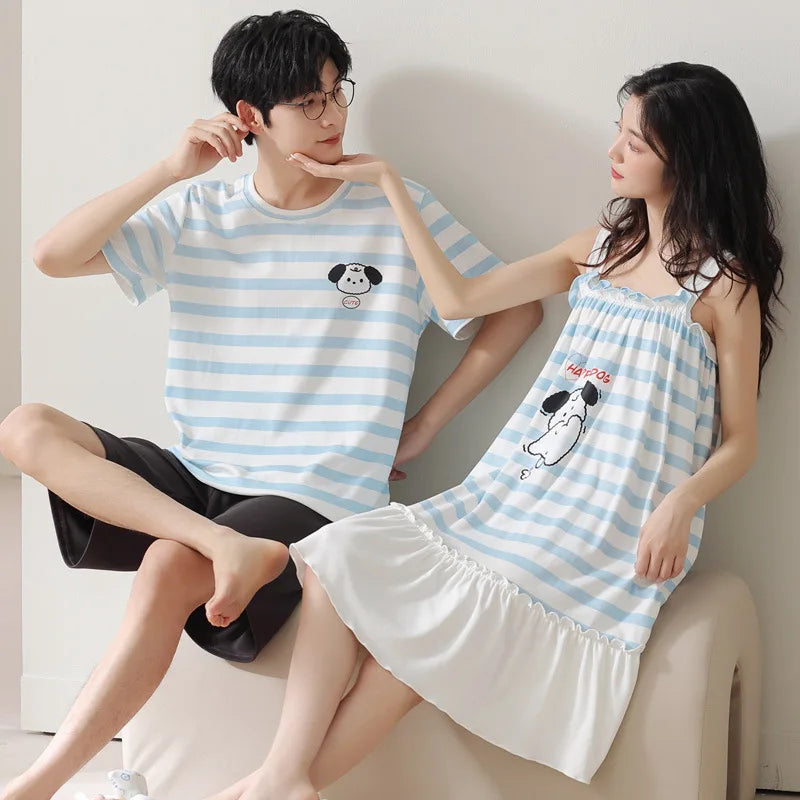 Summer Pyjamas Men Knited Cotton Pajamas Set Korean Sweet Pijamas Ladies Sexy Sleepwear Home Clothing For Youth Boy Girl