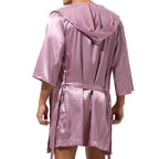 Mens Hooded Bath Robe Short Sleeve House Robe Satin Silk Lounge Bathrobes with Belt Men's Pajamas Homme Kimono Robes Sleepwear