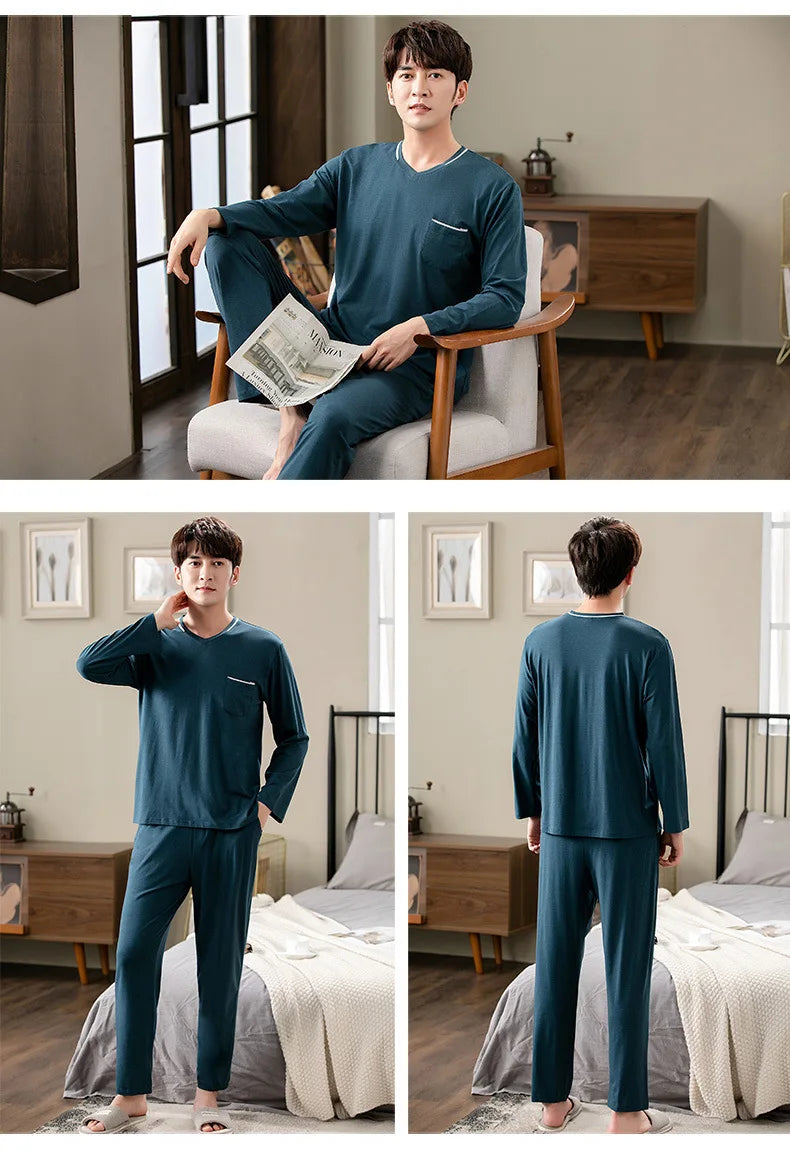 Fashion Lounge Pajamas Sets Men's Spring New Long-sleeved Tops with Trousers Cotton Homewear Comfort Simple Sleepwear Two Pieces