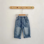 New autumn clothing for babies aged 0-3, with bow printed denim pants for baby girls, fashionable