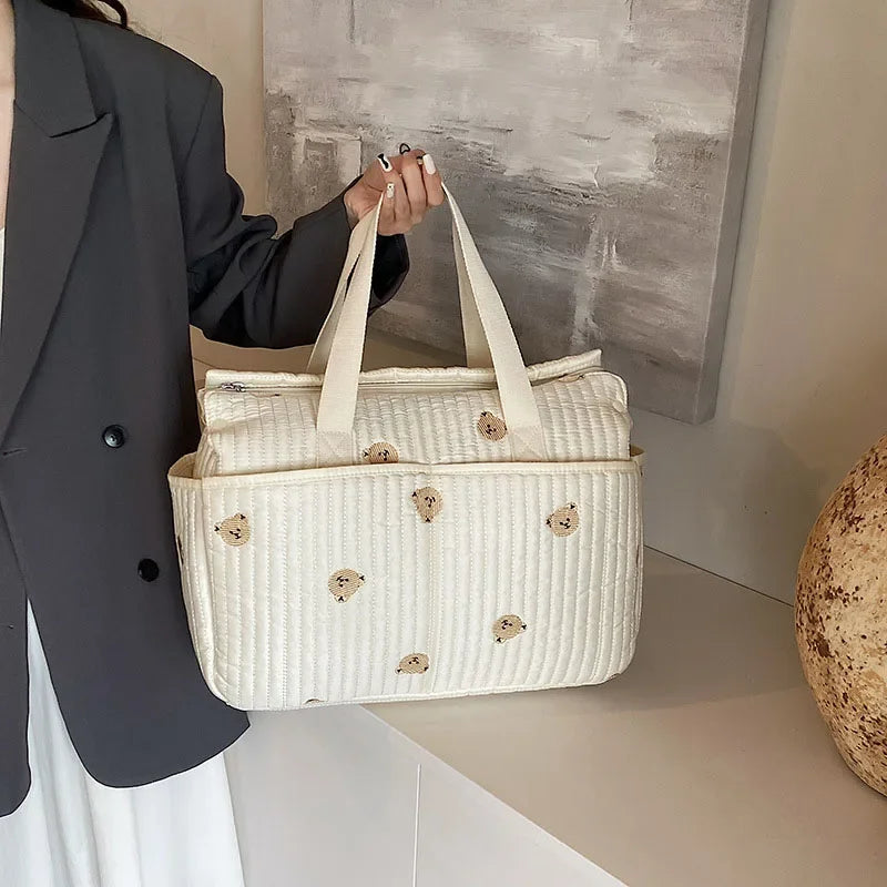 New High-capacity Mummy Bag Embroidered Bear Mother and Baby Handbag Baby Bottle Diaper Portable Baby Stroller Bag