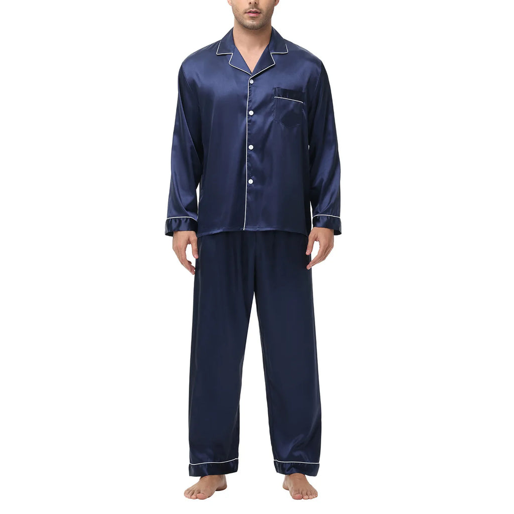 Men Pajamas Set Silk Satin Sleepwear