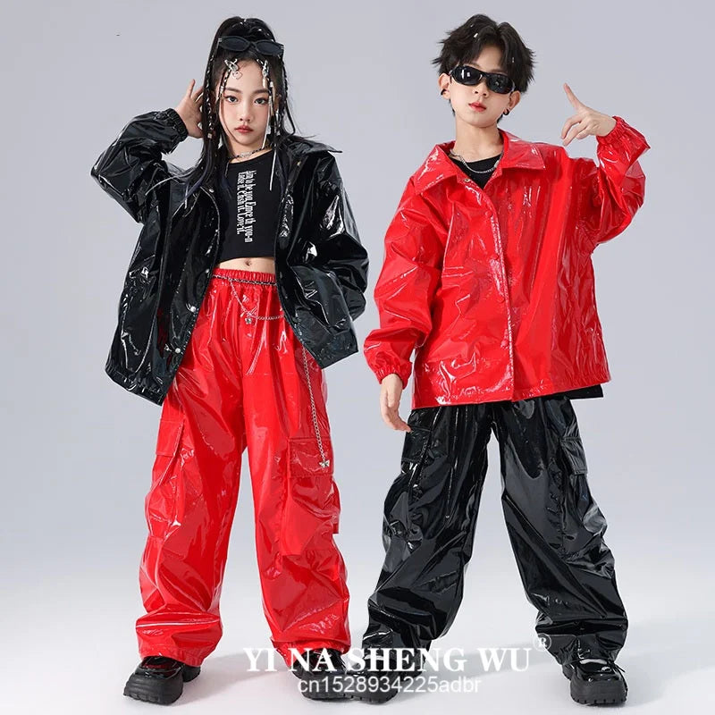 Boys K-pop Fashion Leather Jacket Street Dance Cargo Pants Girl Hip Hop Streetwear Kids Children Jazz Shiny Costume Clothes Sets