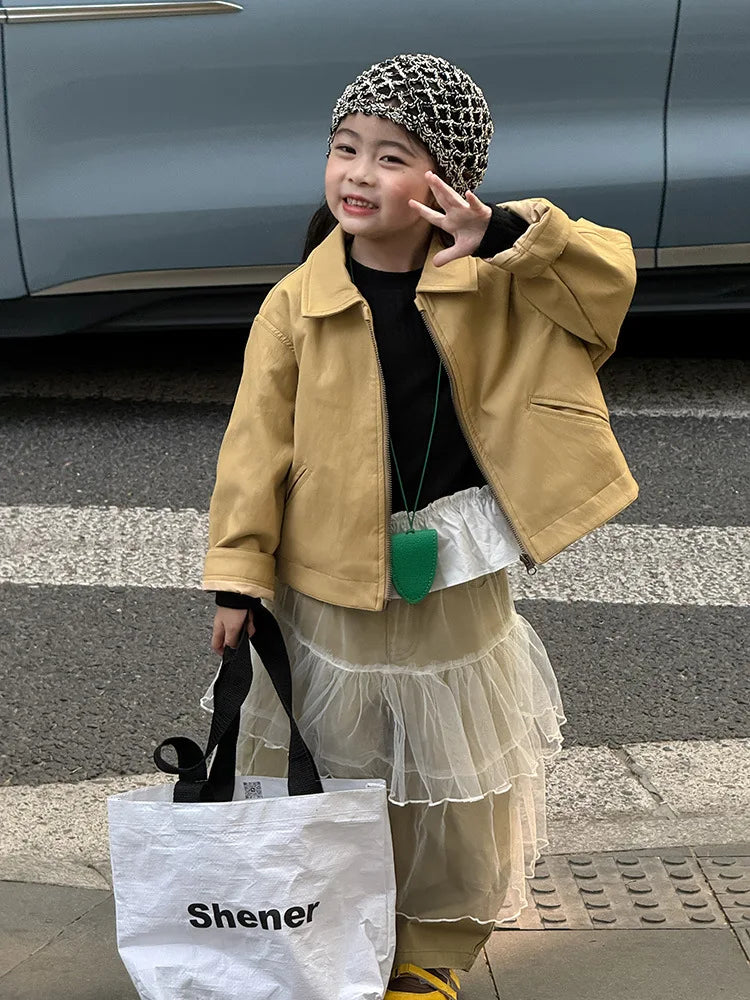 2025 Autumn New Children Long Sleeve Pu Leather Coat Fashion Girls Leather Jacket Solid Boys Lapel Zipper Jacket Kids Clothes