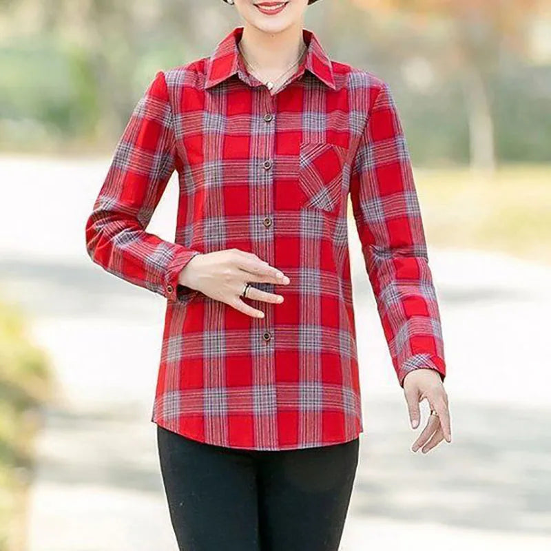 Vintage Printed Loose All-match Plaid Shirt Women's Clothing 2023 Autumn Winter New Oversized Casual Tops Long Sleeve Blouse