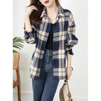 Women's Shirt Long Sleeve Buttons Plaid Casual Korean Fashion Loose Office Lady Simplicity Elegant Intellectual Generous Sven