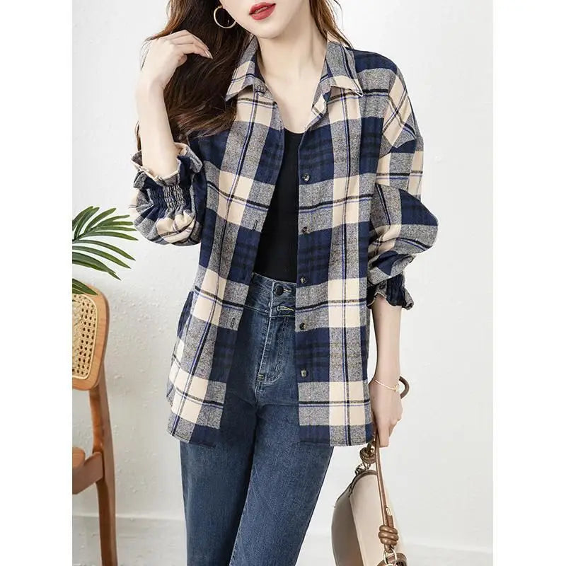 Women's Shirt Long Sleeve Buttons Plaid Casual Korean Fashion Loose Office Lady Simplicity Elegant Intellectual Generous Sven