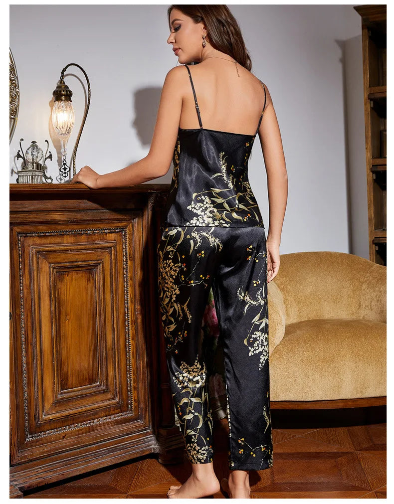 Women Pajamas Sexy Print Cherry Suspender Pijamas Suit Sleepwear Spring Summer Silk Rayon Home Clothes Sling Pants Two Piece Set
