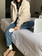Women Autumn Winter Thicken Warm Coat Stand-Collar Loose Fur Plush Zipper Jacket Soft Comfortable Casual Simple Solid Outerwear