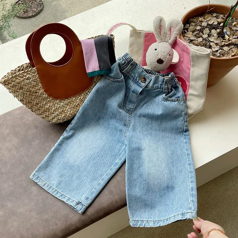 New Kids Jeans 2-6 Years Childrens Loose Wide Leg Pants Girls Simple Solid Color Trousers Fashion Jeans