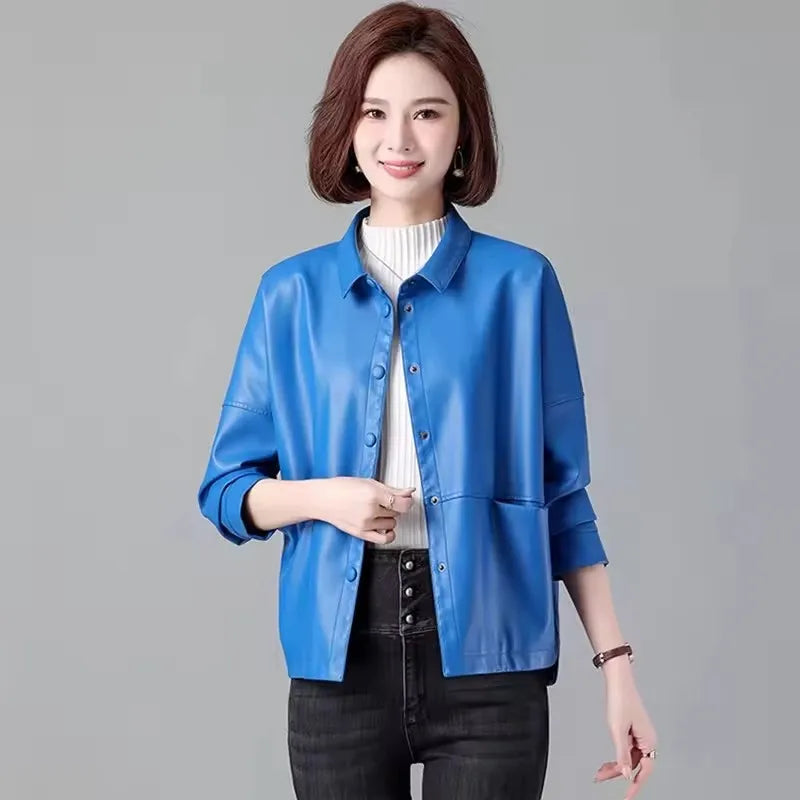 New Women Casual Loose Leather Jacket Spring Autumn Fashion Turn-down Collar Single Breasted Short Leather Motorbike Jacket