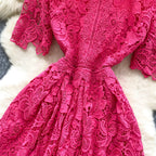 Ele Hollow out Lace ort Sve Dr Women's Summer Slimming A-Line Gown High Waist Korean Sle Commute Suitable