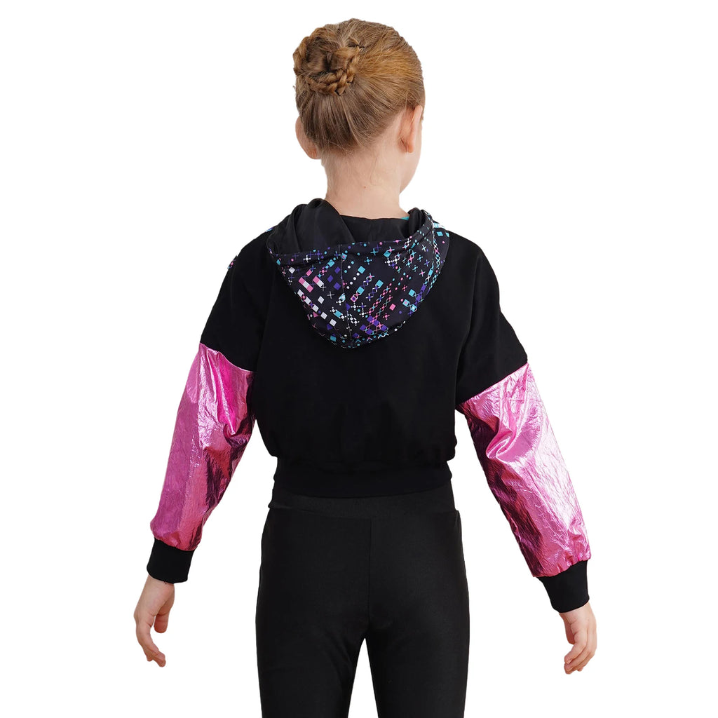 Girl Hooded Tops Long Sleeve Zipper Jacket Fashion Print Short Jacket Casual Coat Outerwear Jazz Dance Performance Costume