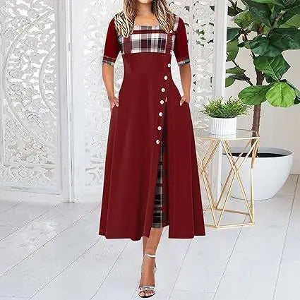 Women's Irregular Lattice Patchwork Long Dresses Vintage Buttons O Neck Half Sleeves Casual Lady Commuting Dress Fashion