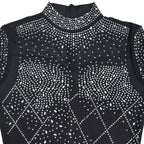 Women's Glittery Rhinestones Gymnastics Jumpsuit Sheer Mesh Patchwork Mock Neck Long Sleeve Dance Rompers One-piece Bodysuit