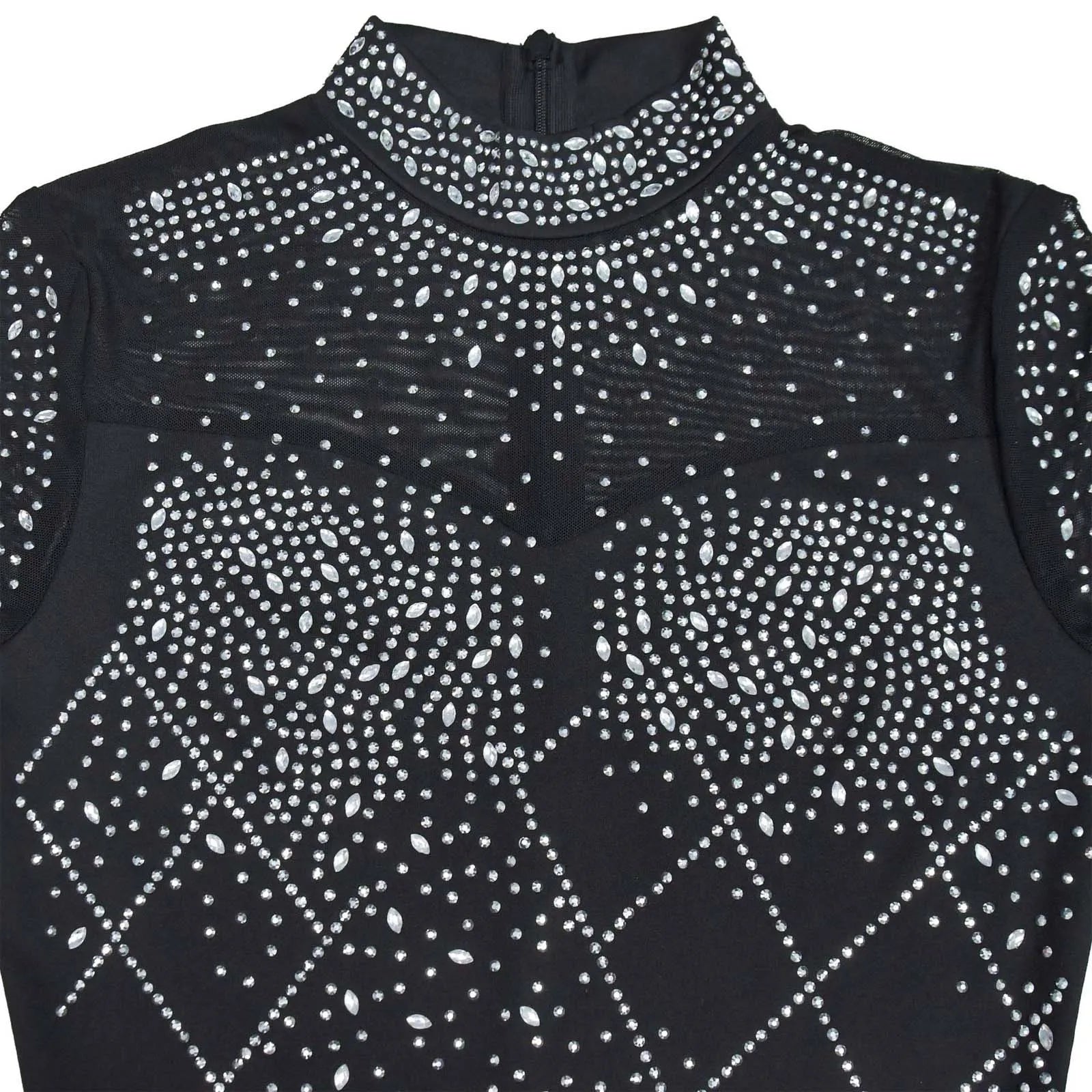 Women's Glittery Rhinestones Gymnastics Jumpsuit Sheer Mesh Patchwork Mock Neck Long Sleeve Dance Rompers One-piece Bodysuit