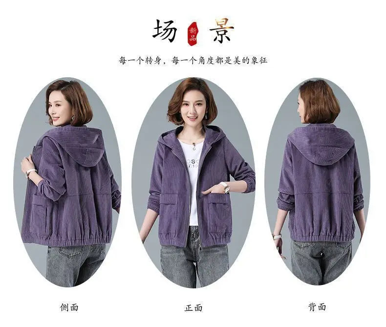 Corduroy Short Coat 5XL Women's 2025 Spring Autumn New Korean Loose Solid Hooded Jacket Fashion Casual Female Zipper Coat Tops