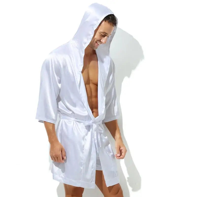 Sexy Sleepwear Men Robes Bathrobes Soft Silky Short Sleeve Nightgown Mens Homewear Dressing Gown Male Pajamas (No shorts)