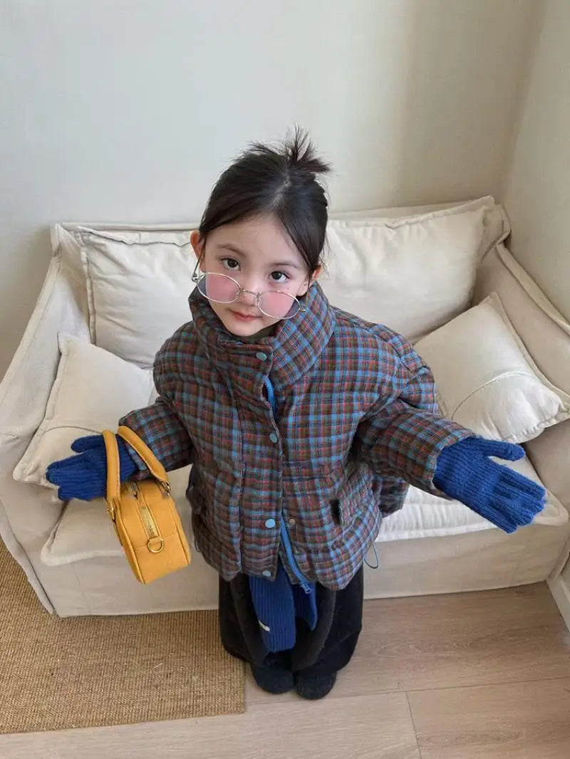 Girls' Autumn Winter Plaid Padded Jacket Warmth Coat Thicken Puffer Jacket Comfortable New Fashion Children Clothes Retro Style