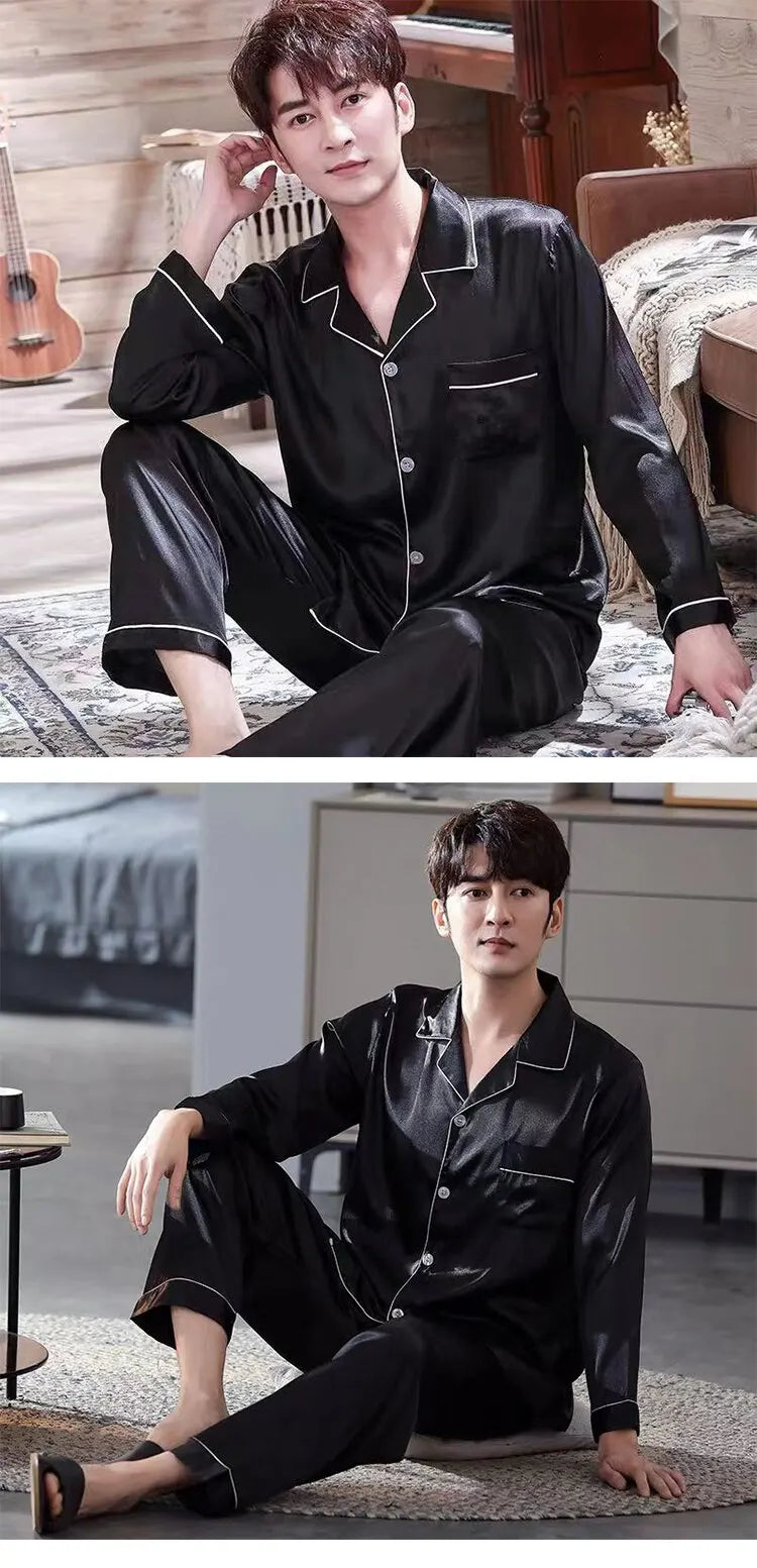 Men Ice Silk Pajamas Sleepwear Pajama Sets Nightclothes Black Blue L XXL 3XL 4XL Long Sleeves Long Pants Smooth Solid Color
