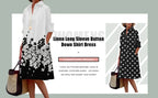 Womens Fashion Retro Splicing Printed Long-sleeved Dresses Fall And Winter Single-breasted Loose Dresses New Lapel Shirt Dresses