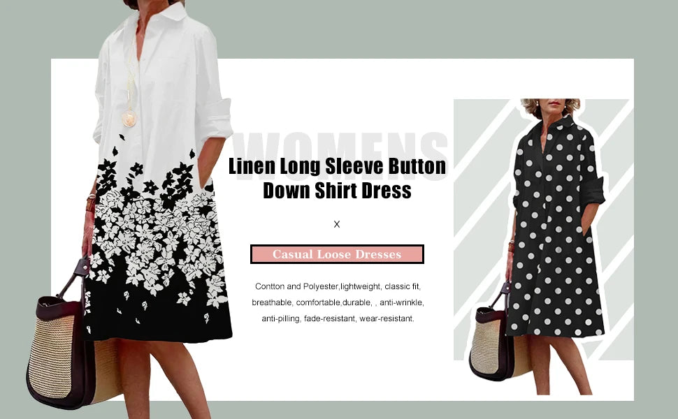 Womens Fashion Retro Splicing Printed Long-sleeved Dresses Fall And Winter Single-breasted Loose Dresses New Lapel Shirt Dresses