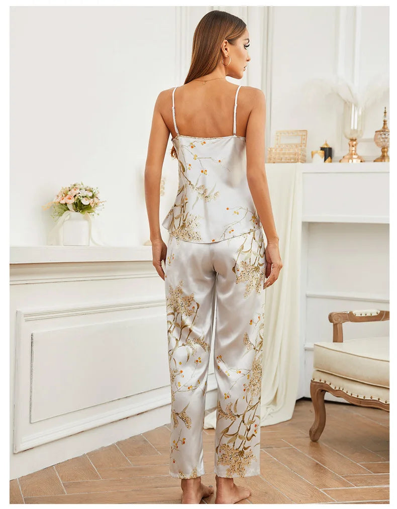 Women Pajamas Sexy Print Cherry Suspender Pijamas Suit Sleepwear Spring Summer Silk Rayon Home Clothes Sling Pants Two Piece Set