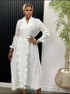 Women Eid Muslim Dress Ruffles Sleeve Dubai Abayas Solid Dresses Sashes Loose Casual Morocco Kaftan Islam Arab Ankle Length