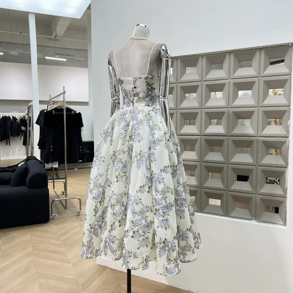 Summer New Women Retro Printed A-line Strap Dress With High Waist Wrinkled Long Dresses Beach Party Birthday Celebrity Gown