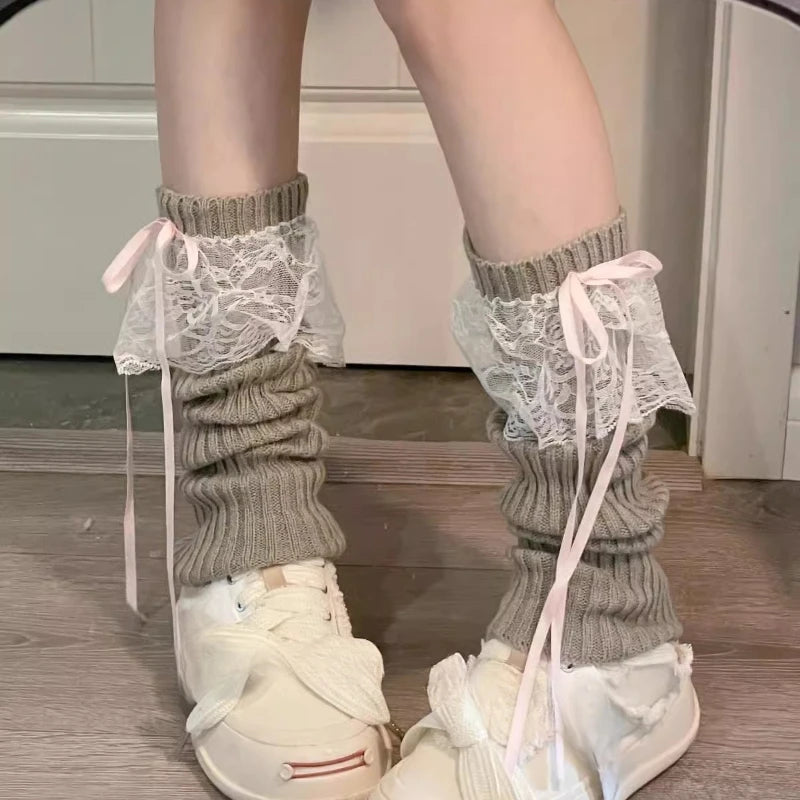 2025 New Woman Leg Warmers Autumn and Winter Ribbon Lolita Black Knee Warmers Long Socks JK Knitted Girl White Leg Warmers