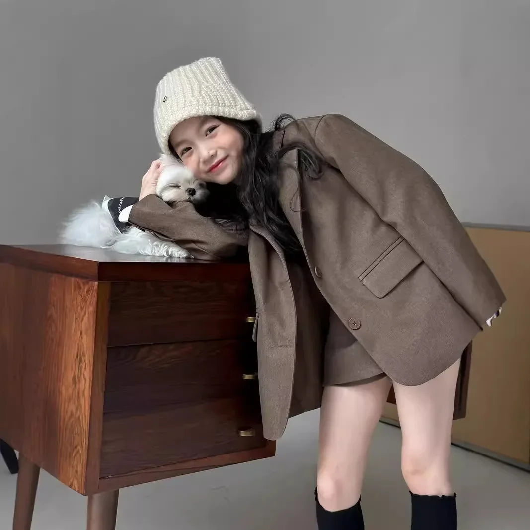 Suit skirt set for autumn 2024 loose suit jacket and skirt shorts for children and girls fashionable suit trendy kids clothes