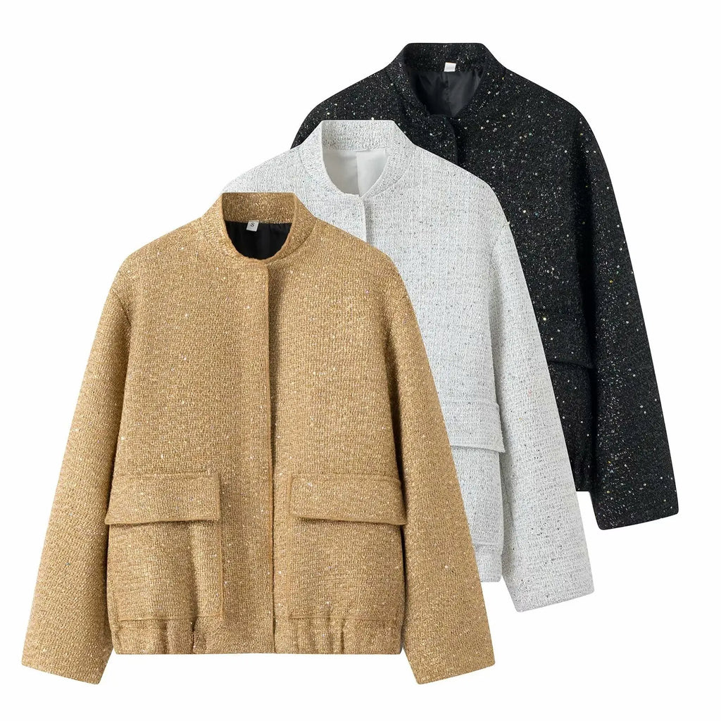 Female Clothing Women's Jacket New Outerwear 2025 Autumn Women's New Style Sequined Small Stand-up Collar Jacket Women Fur Coat