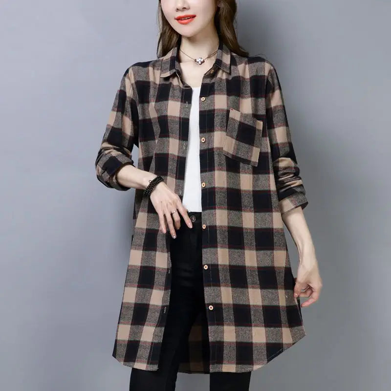 Women's Plaid Shirt Mid-Length Loose Fit Korean Casual Plus Size Long Sleeve Autumn Tops