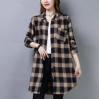 Women's Plaid Shirt Mid-Length Loose Fit Korean Casual Plus Size Long Sleeve Autumn Tops