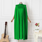 Elegant Evening Dress VONDA Women Pleated Stand Collar Long Sleeve Satin Party Sundress Autumn Casual Solid Loose Robe Vestidos