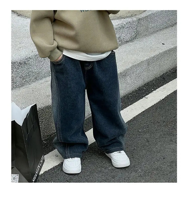 2-12Y Childrens Boys Denim Pants One-piece Fleece Thickened Autumn Winter Casual Kids Baby Boys Pants Toddler Boys Warm Jeans