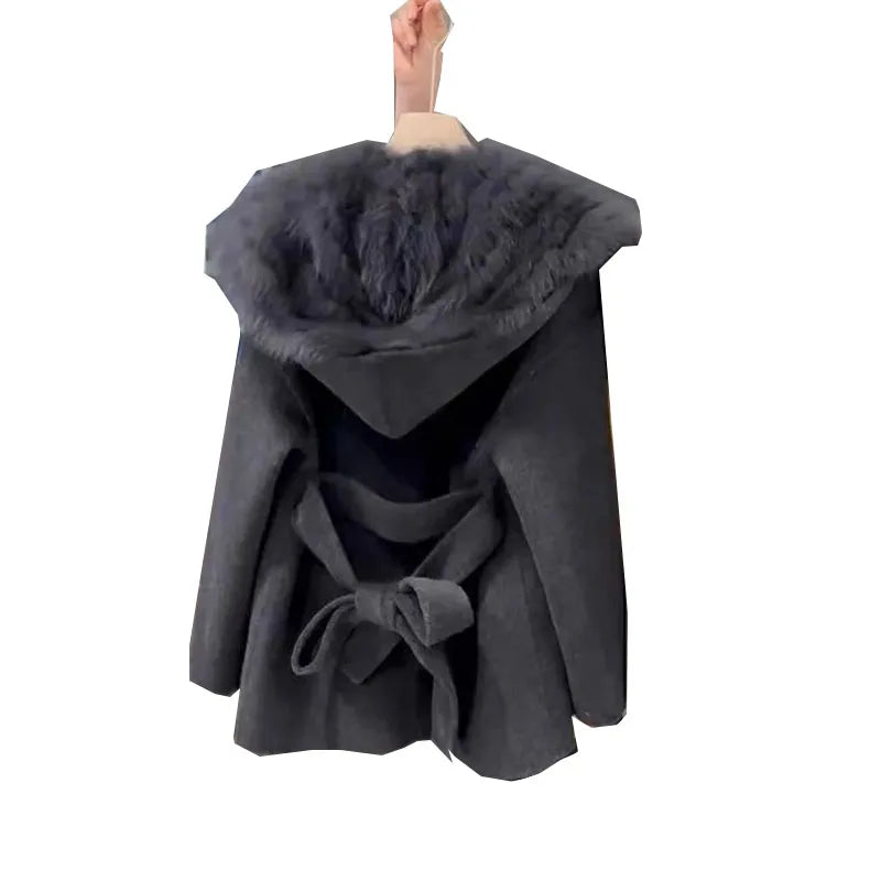 Pink Hooded Coat Women's Autumn Winter Belt Popular Woolen Coat 2024 Fur Coat Fragrant Wind High end Lightweight Short Fur Neck