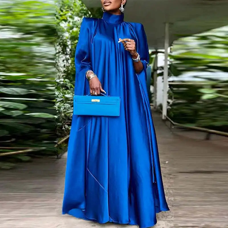 Elegant Evening Dress VONDA Women Pleated Stand Collar Long Sleeve Satin Party Sundress Autumn Casual Solid Loose Robe Vestidos