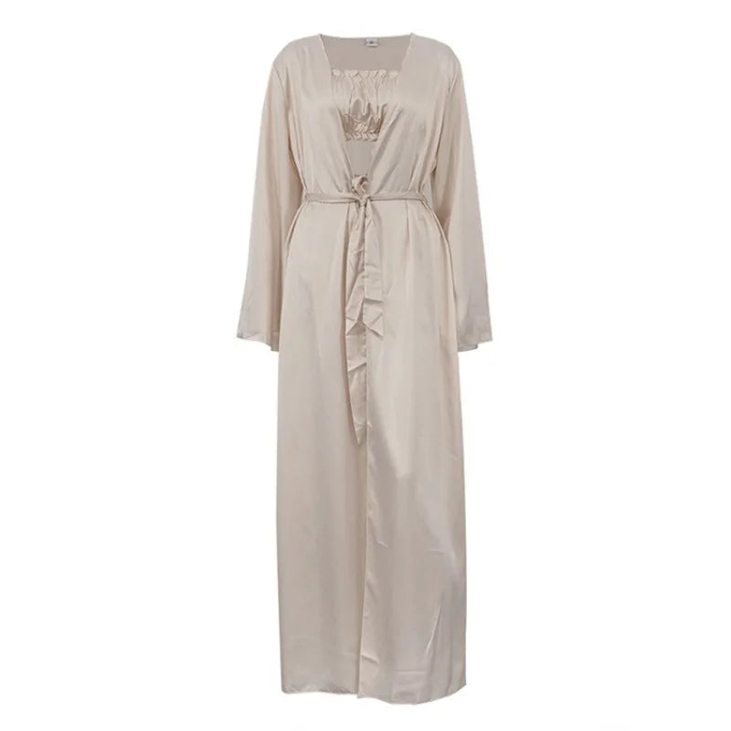 Women Pajamas 3 Piece Set Elegant Long Cardigan Robe + Strapless Tube Top + Shorts Set Loungewear Homewear Household Clothes