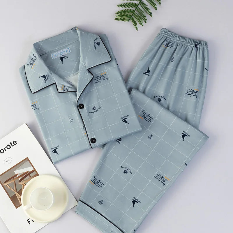 Men's Thin Cotton Pajamas Long Sve Long Pants Two-Piece Set Casual