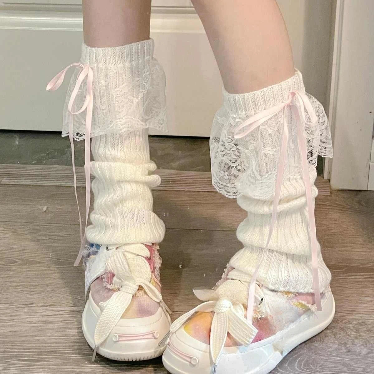 2025 New Woman Leg Warmers Autumn and Winter Ribbon Lolita Black Knee Warmers Long Socks JK Knitted Girl White Leg Warmers