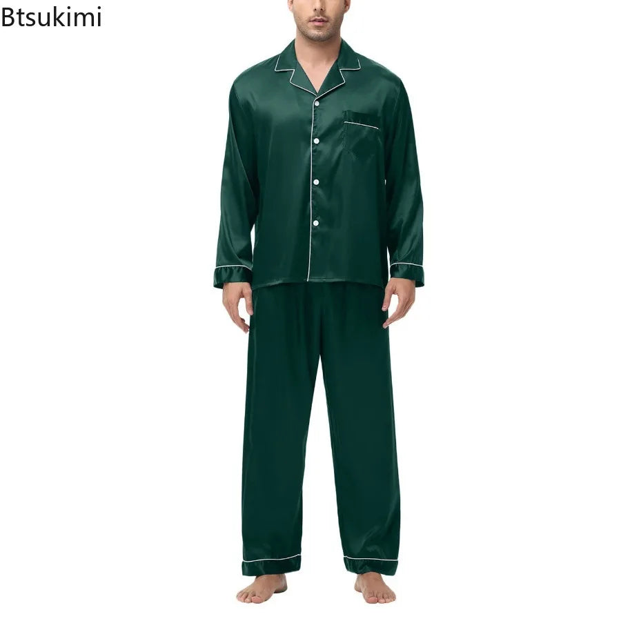 Men Pajamas Set Silk Satin Sleepwear