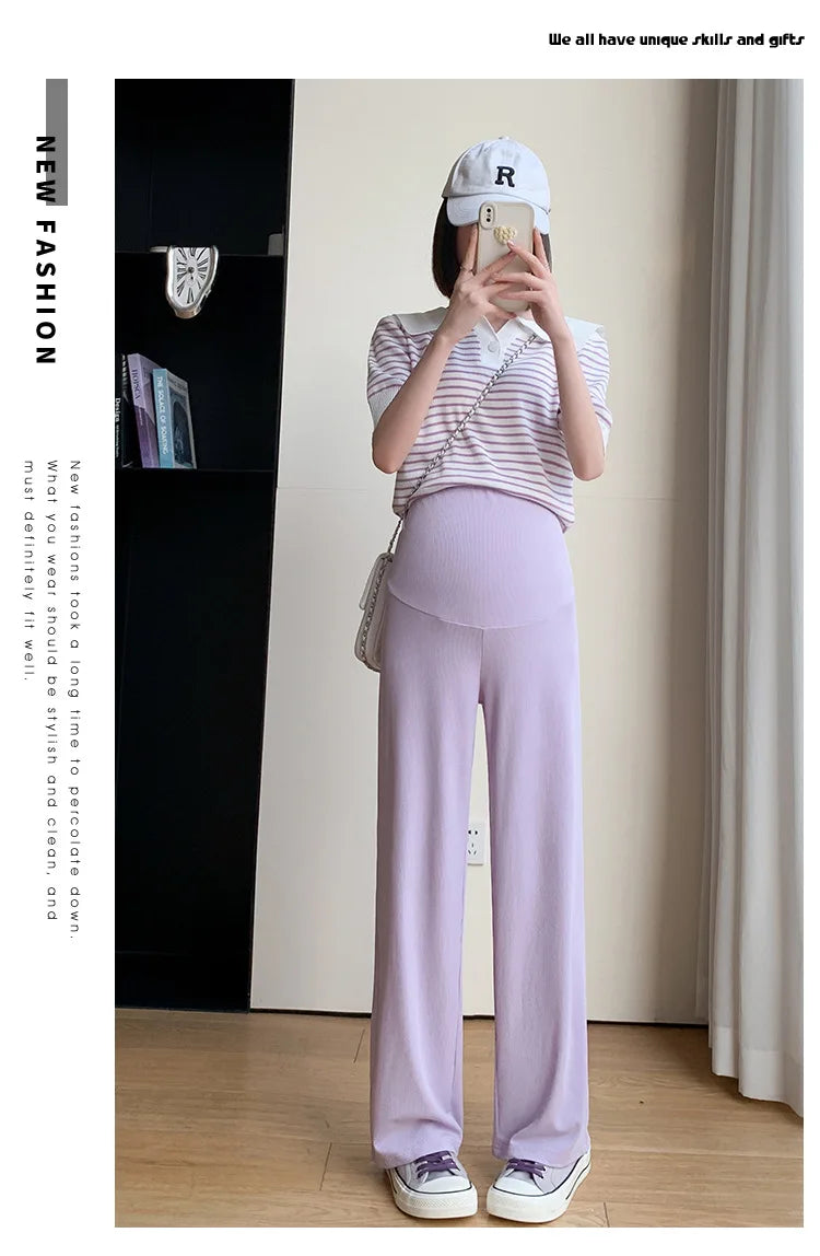 Maternity Clothings Maternity Wide Leg Pregnancy Pants Wear Trousers with Vertical Stripes Clothes for Pregnant Women