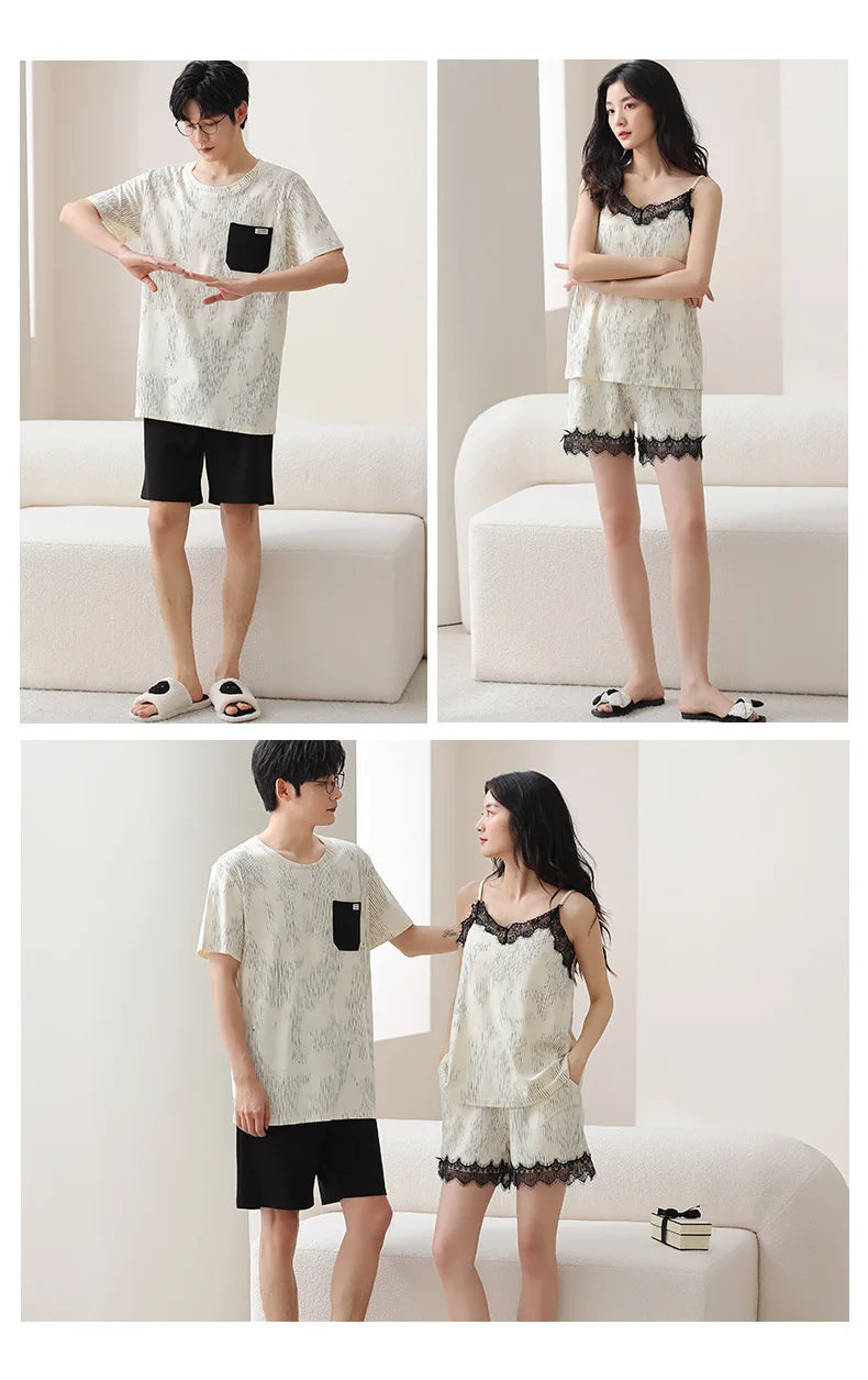 Summer Pyjamas Men Knited Cotton Pajamas Set Korean Sweet Pijamas Ladies Sexy Sleepwear Home Clothing For Youth Boy Girl