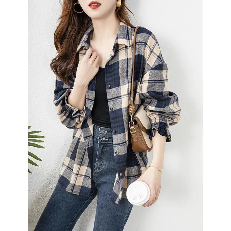 Women's Shirt Long Sleeve Buttons Plaid Casual Korean Fashion Loose Office Lady Simplicity Elegant Intellectual Generous Sven