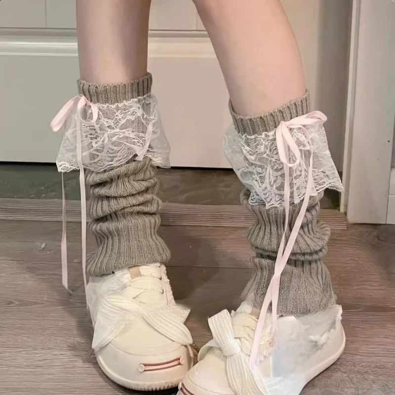 2025 New Woman Leg Warmers Autumn and Winter Ribbon Lolita Black Knee Warmers Long Socks JK Knitted Girl White Leg Warmers