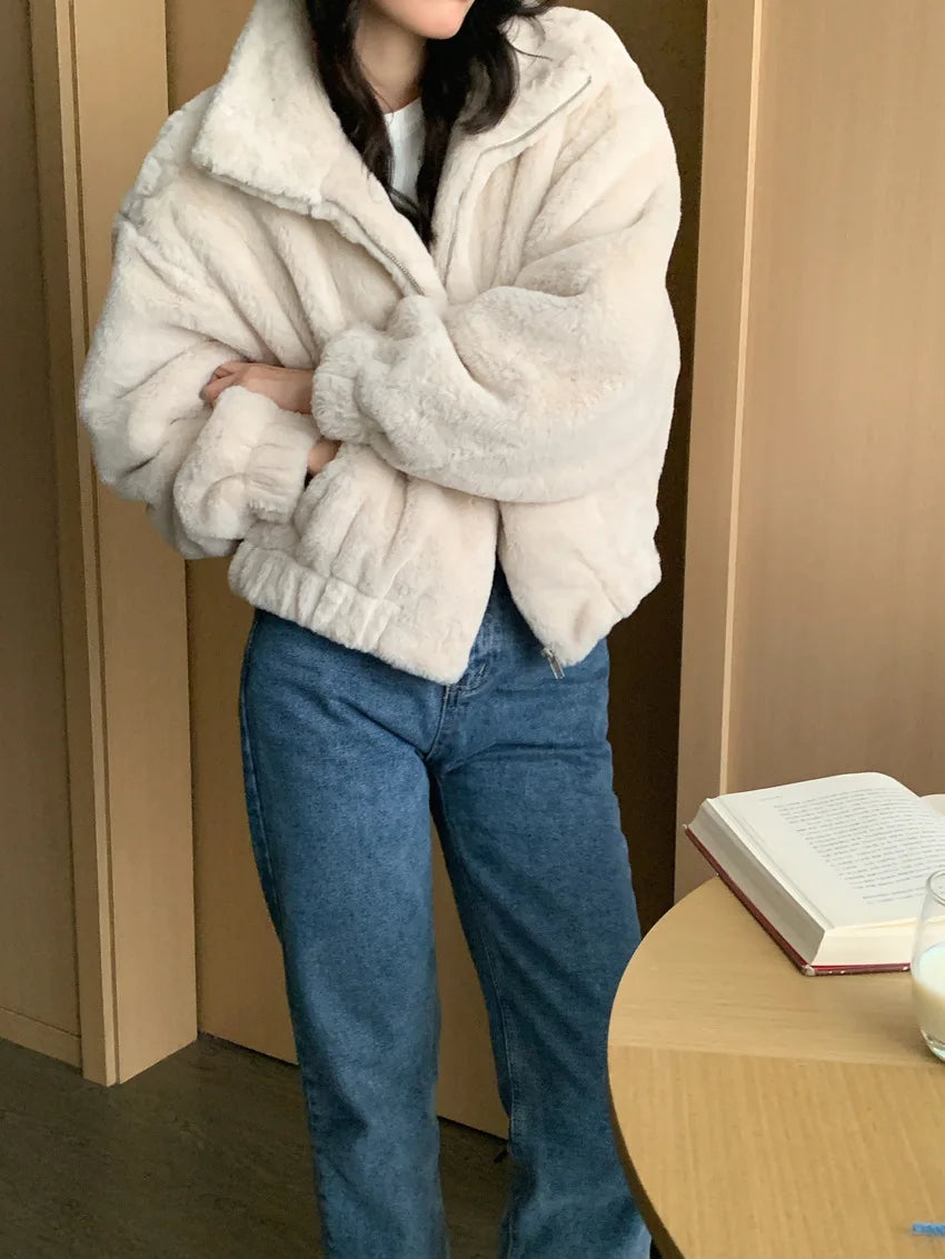 Women Autumn Winter Thicken Warm Coat Stand-Collar Loose Fur Plush Zipper Jacket Soft Comfortable Casual Simple Solid Outerwear